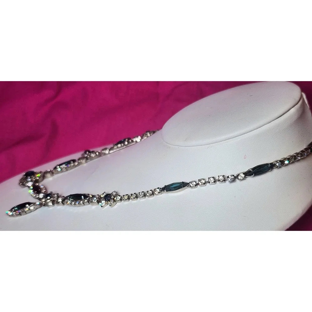 Vtg Kramer of New York Blue Rhinestone Choker Necklace Silver Tone MCM Retro
